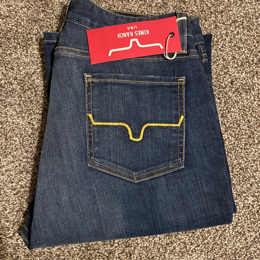 Kimes Ranch Women's Boot Cut Jeans in Dark Blue with Yellow Stitching
